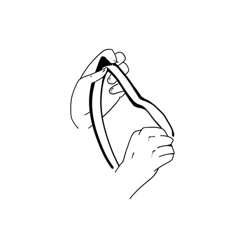 Ink drawing of two hands holding a curved strip of printer output
