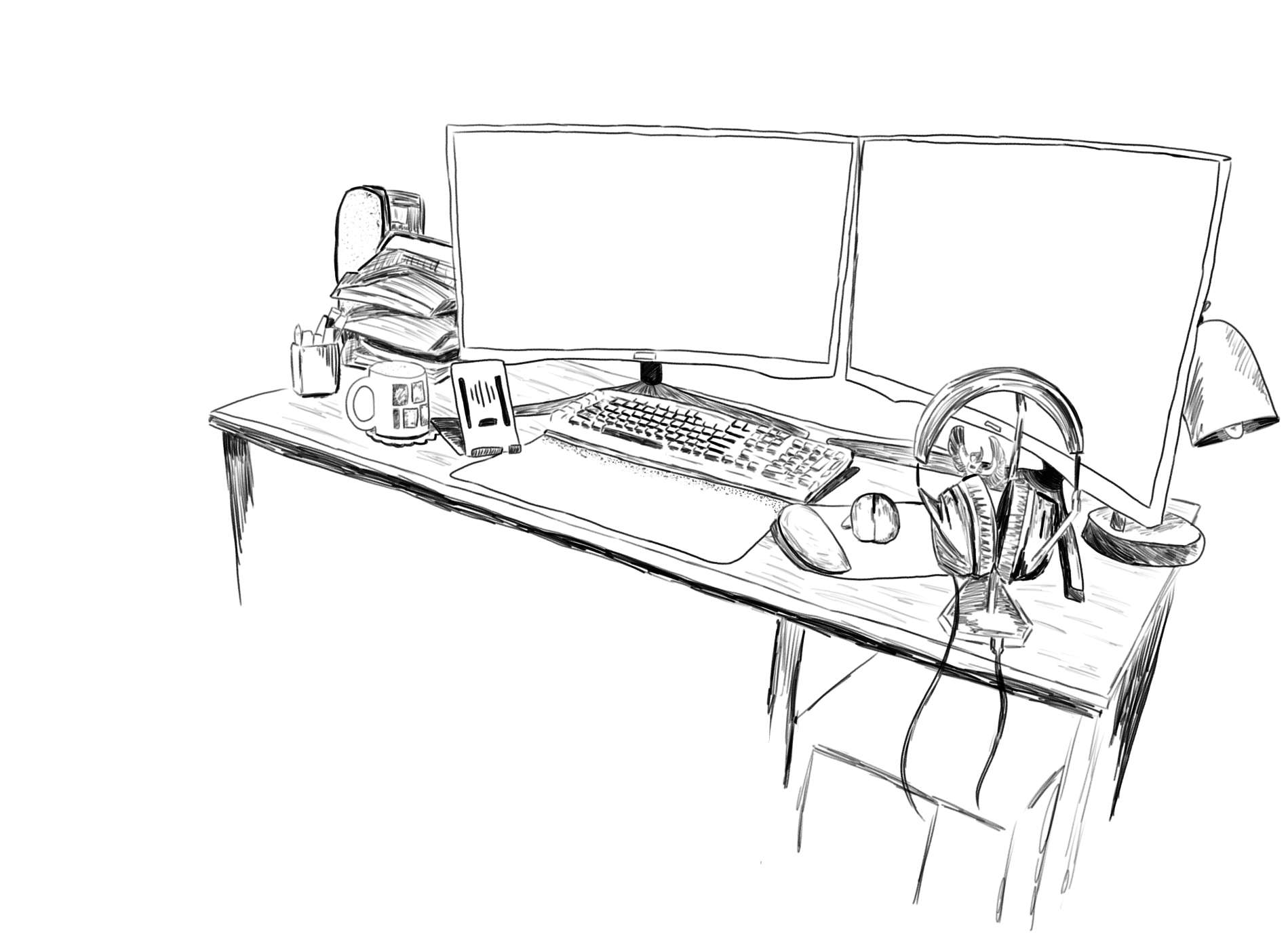 Sketch of a desk with dual monitors, headphones, and a mug
