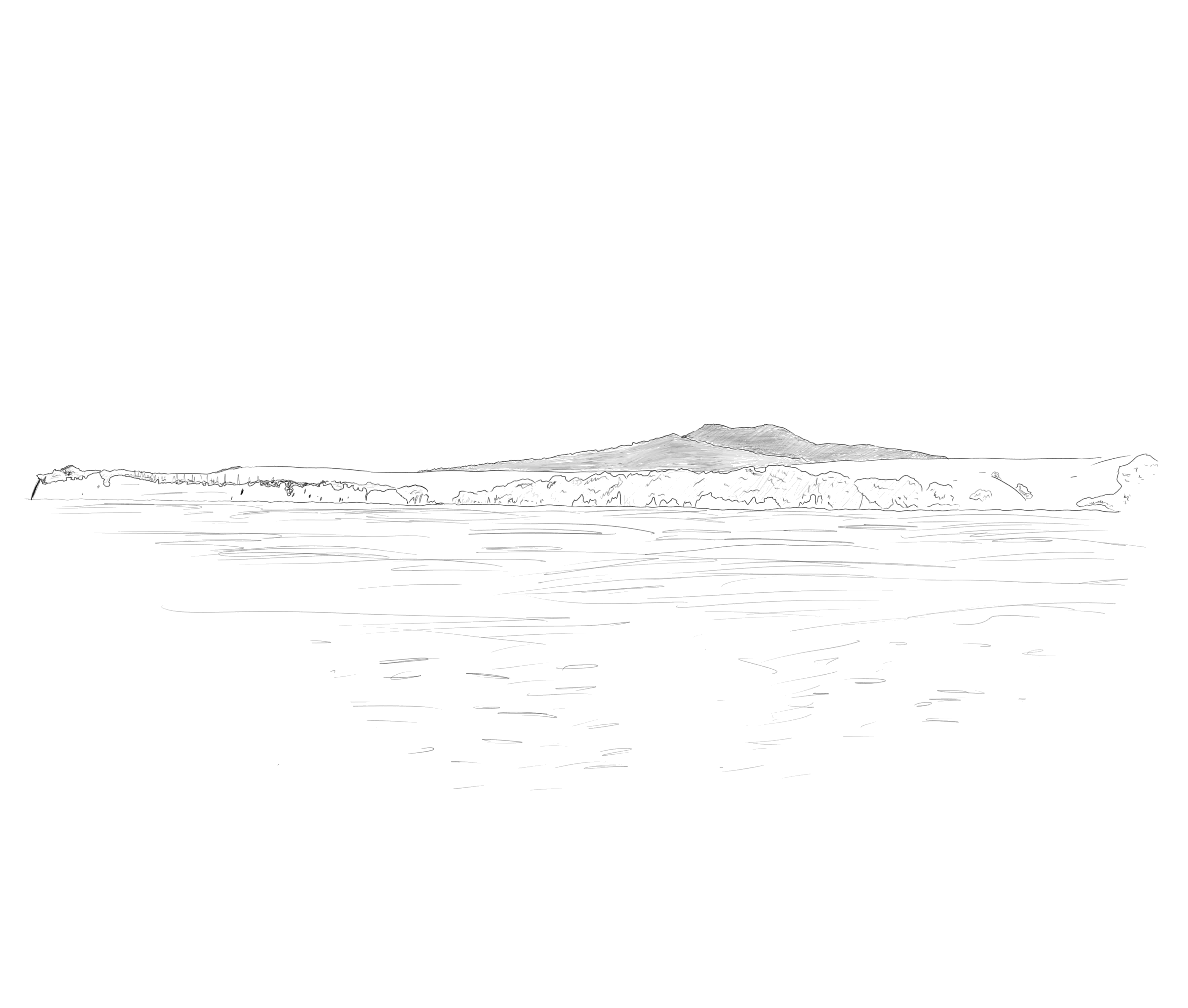 Pen sketch of Rangitoto Island from across the harbour